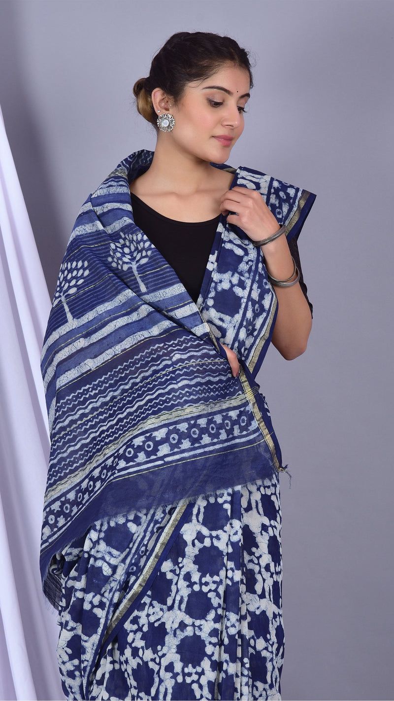 Beautifully Hand carfted Chanderi Indigo Saree (INDCH07) - ShalviFashion