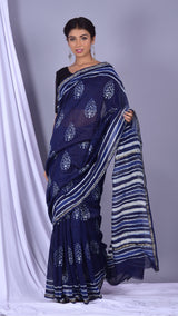 Beautifully Hand carfted Chanderi Indigo Saree (INDCH08) - ShalviFashion