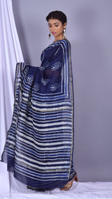 Beautifully Hand carfted Chanderi Indigo Saree (INDCH08) - ShalviFashion