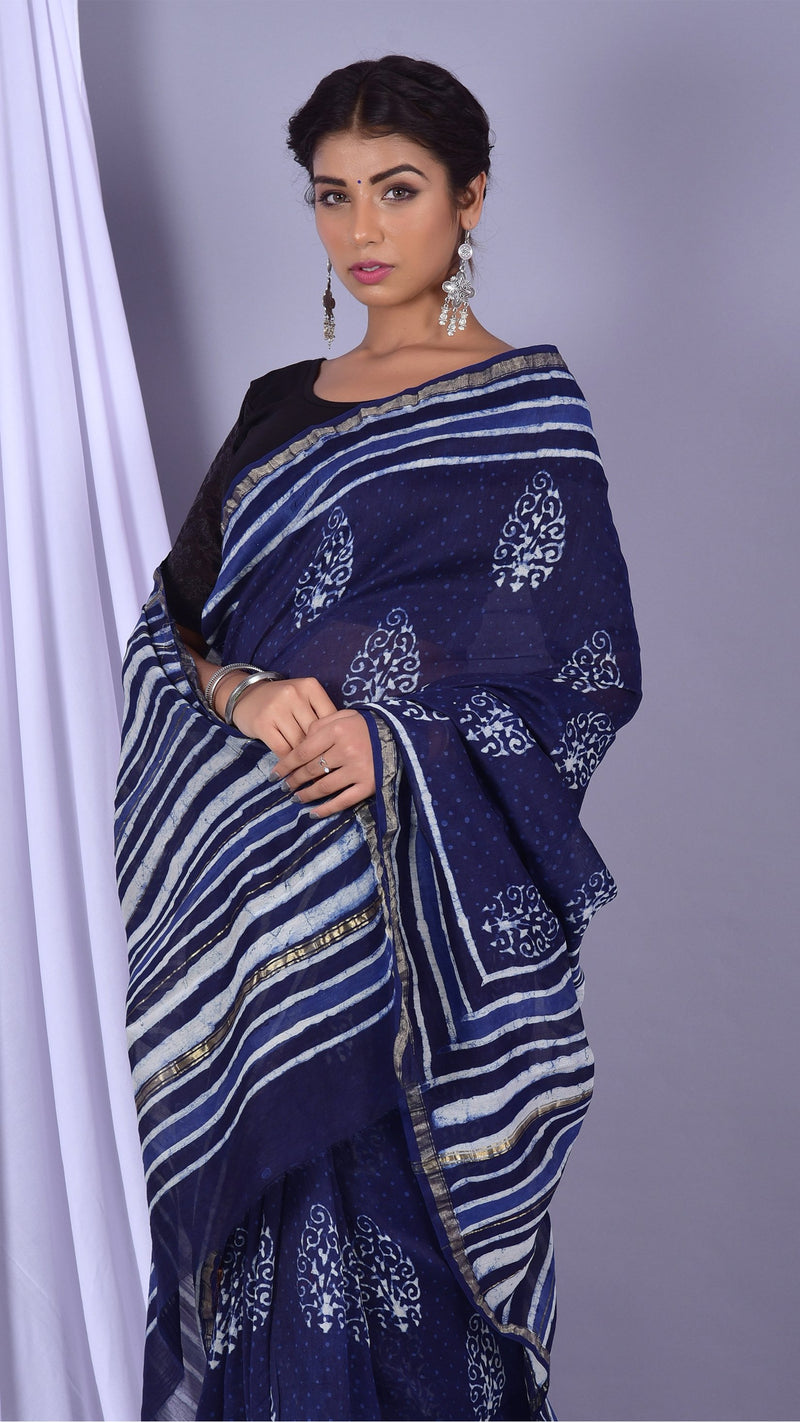 Beautifully Hand carfted Chanderi Indigo Saree (INDCH08) - ShalviFashion