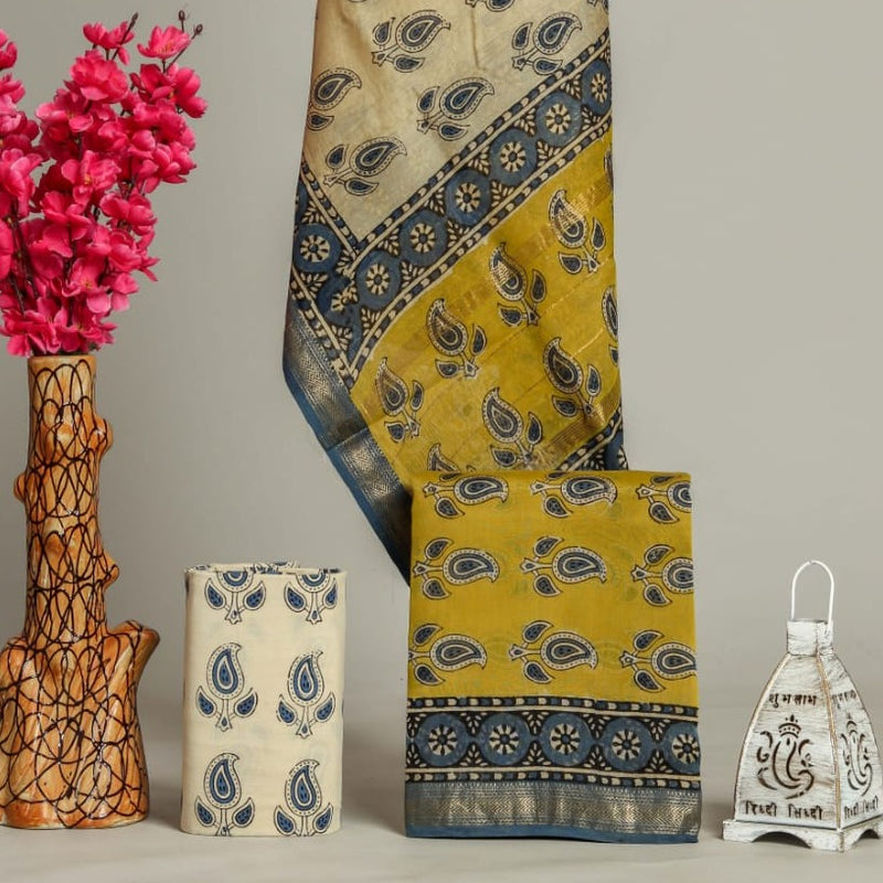 Shop Unstitched Hand Block Print Maheshwari Silk Suit Sets (MSL103)