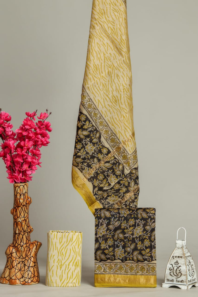 Floral Jaal Hand Block Print Maheshwari Silk Suit Set (MSL11)