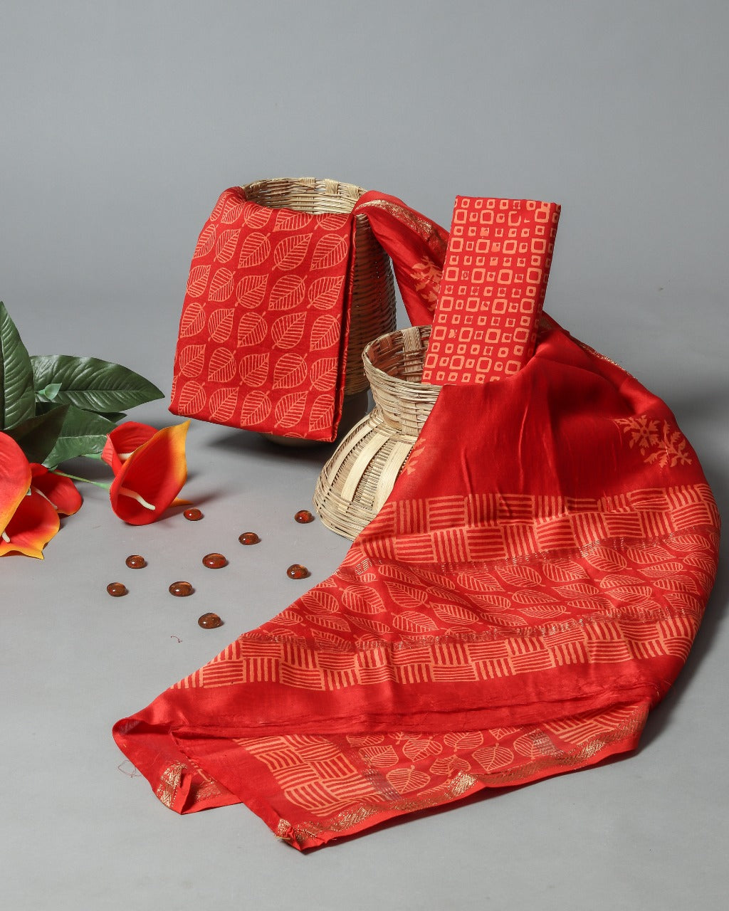 Shop Unstitched Discharge Print Maheshwari Silk Suit Sets