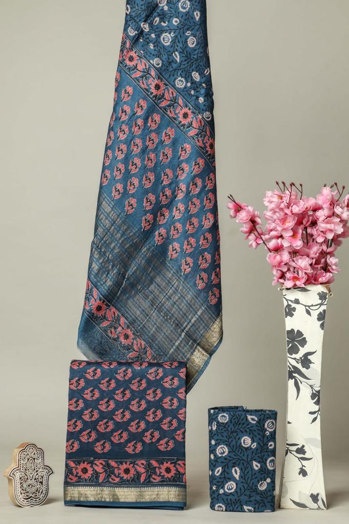 Shop Unstitched Hand Block Print Maheshwari Silk Suit sets online (MSL26)