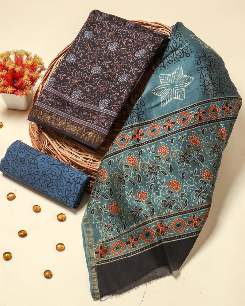 Hand Block Print Ajrakh Cotton Suit with designer Ajrakh neck yoke pat –  India1001.com