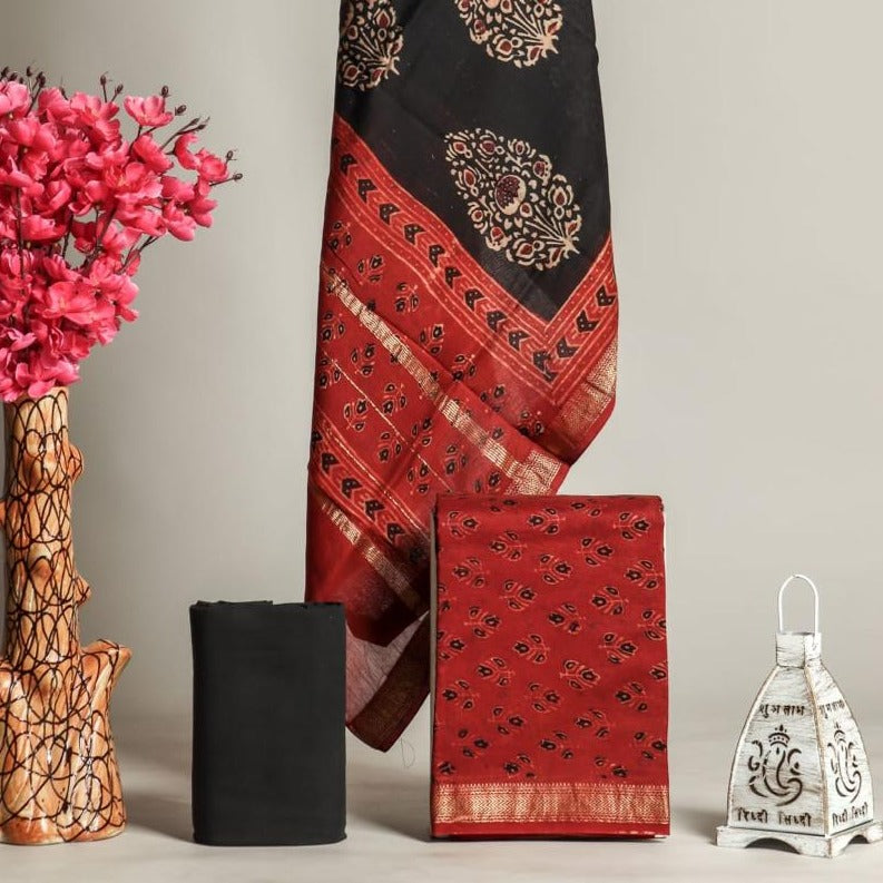 Shop Unstitched Hand Block Print Maheshwari Silk Suit sets (MSL79)