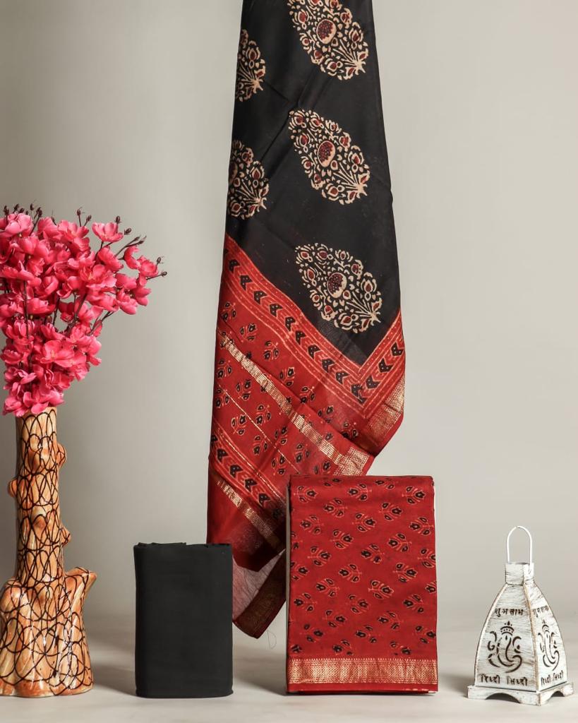 Shop Unstitched Hand Block Print Maheshwari Silk Suit sets (MSL79)