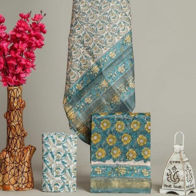 Shop Unstitched Hand Block Print Maheshwari Silk Suit Sets (MSL96)
