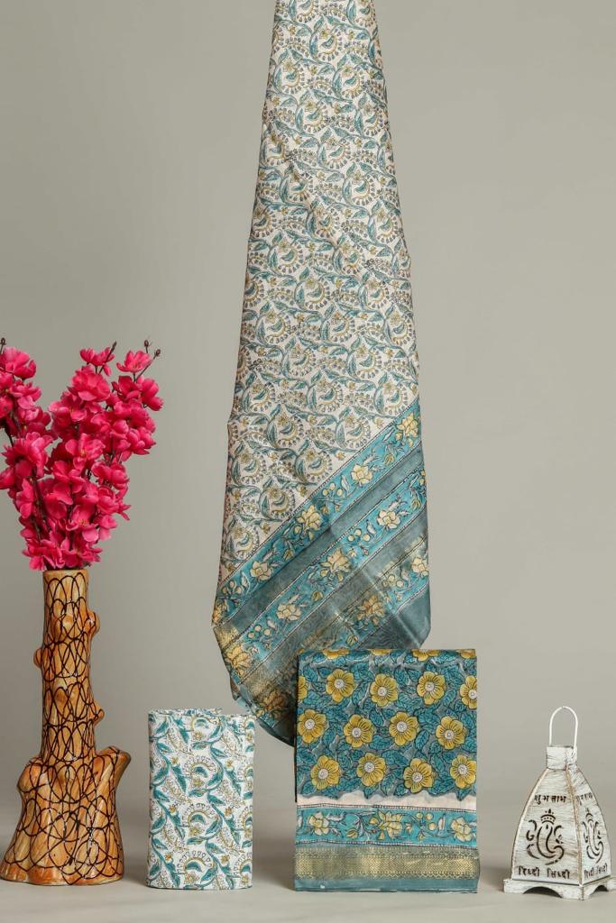 Shop Unstitched Hand Block Print Maheshwari Silk Suit Sets (MSL96)