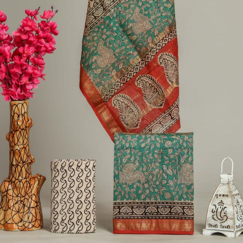 Shop Unstitched Hand Block Print Maheshwari Silk Suit Sets (MSL97)