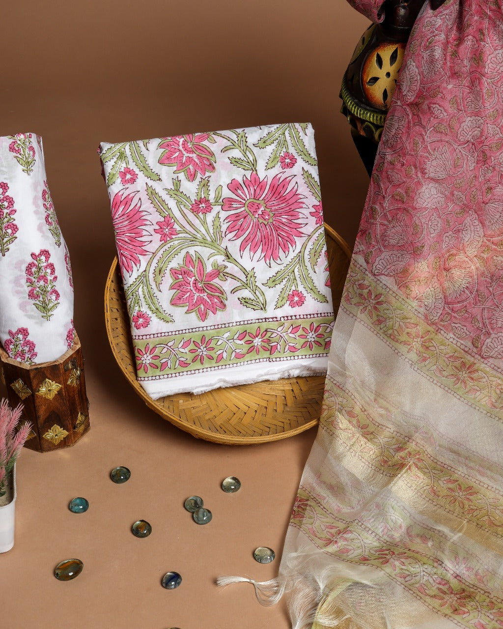 shop unstitched hand block print cotton suit with organza dupatta