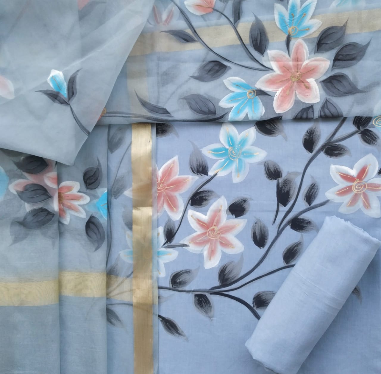 Shop organza dupatta hand painted cotton suit sets (ORG160)