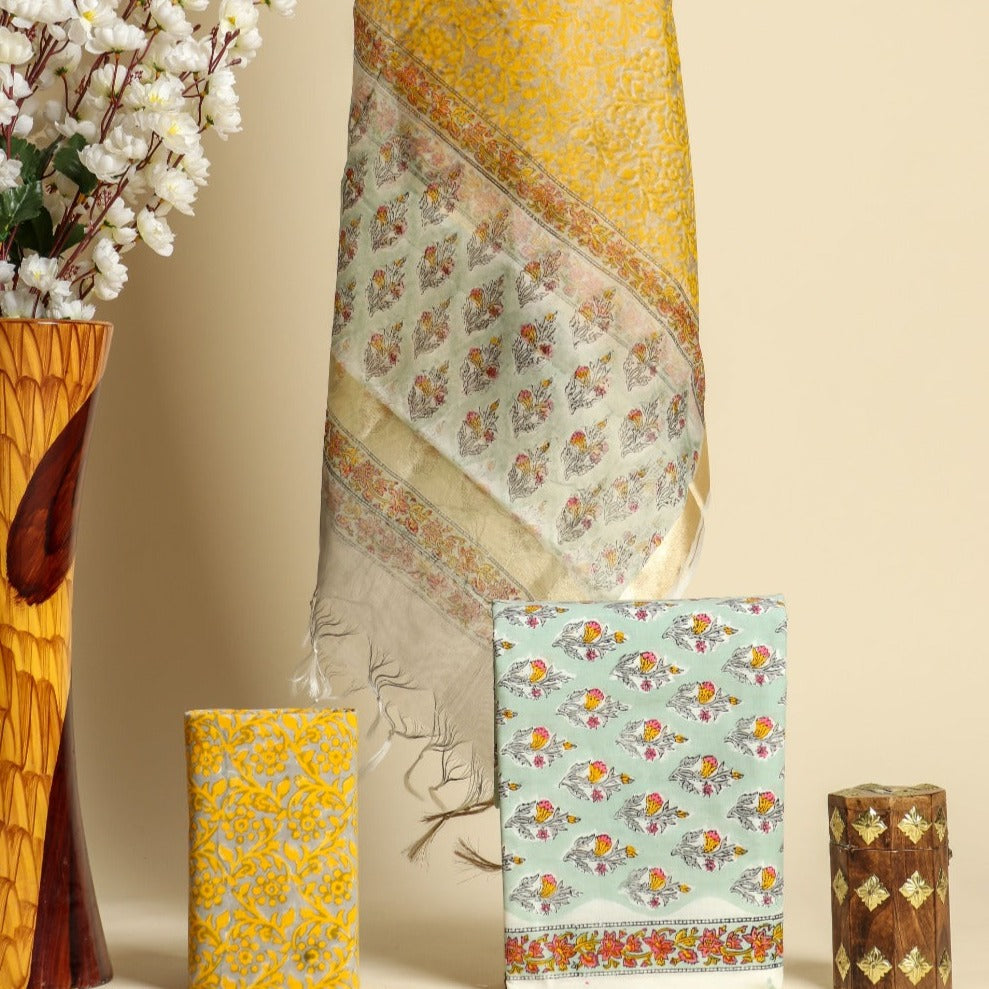 Shop unstitched cotton suit material with organza dupatta (ORG166)