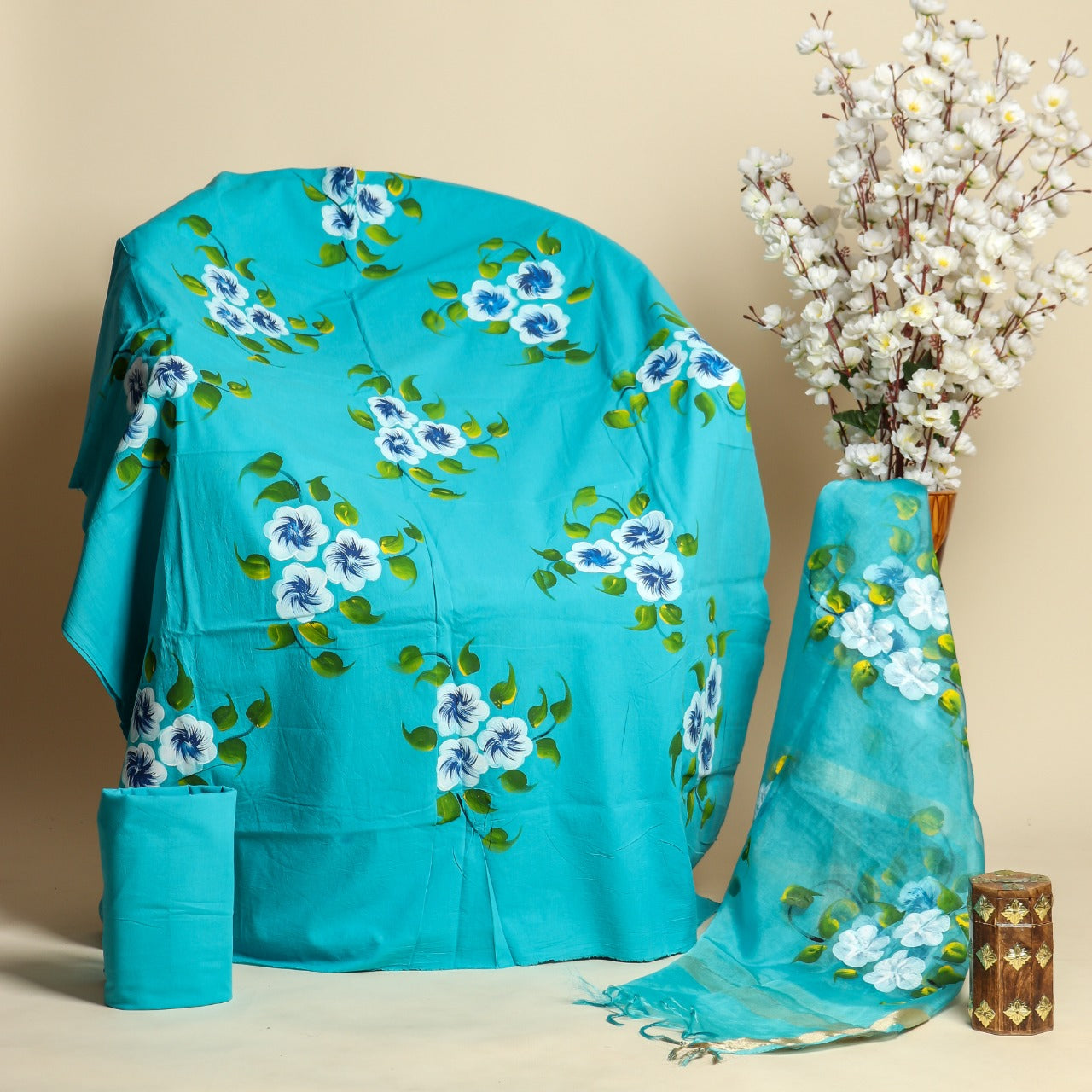 Shop hand painted cotton suit set with organza dupatta (ORG169)