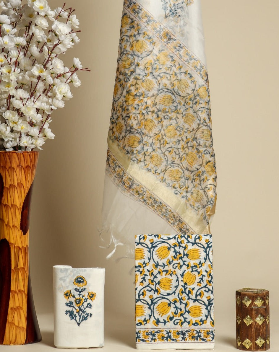 Shop unstitched cotton suit sets with organza dupatta (ORG170)
