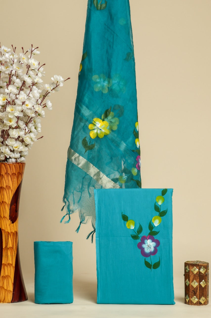 Shop cotton suit set with organza dupatta online (ORG191)