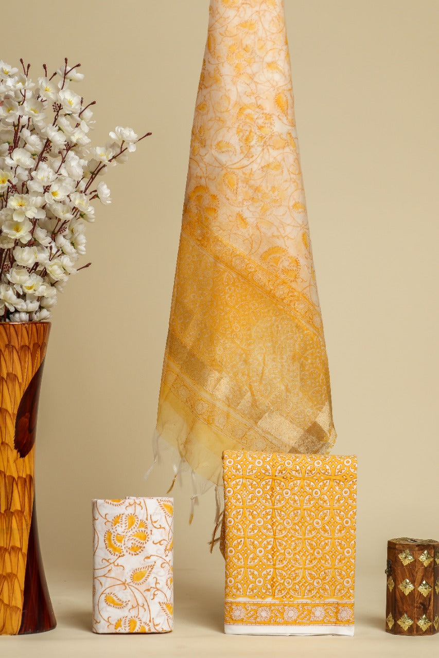 Shop hand block print cotton suit sets with organza dupatta (ORG193)