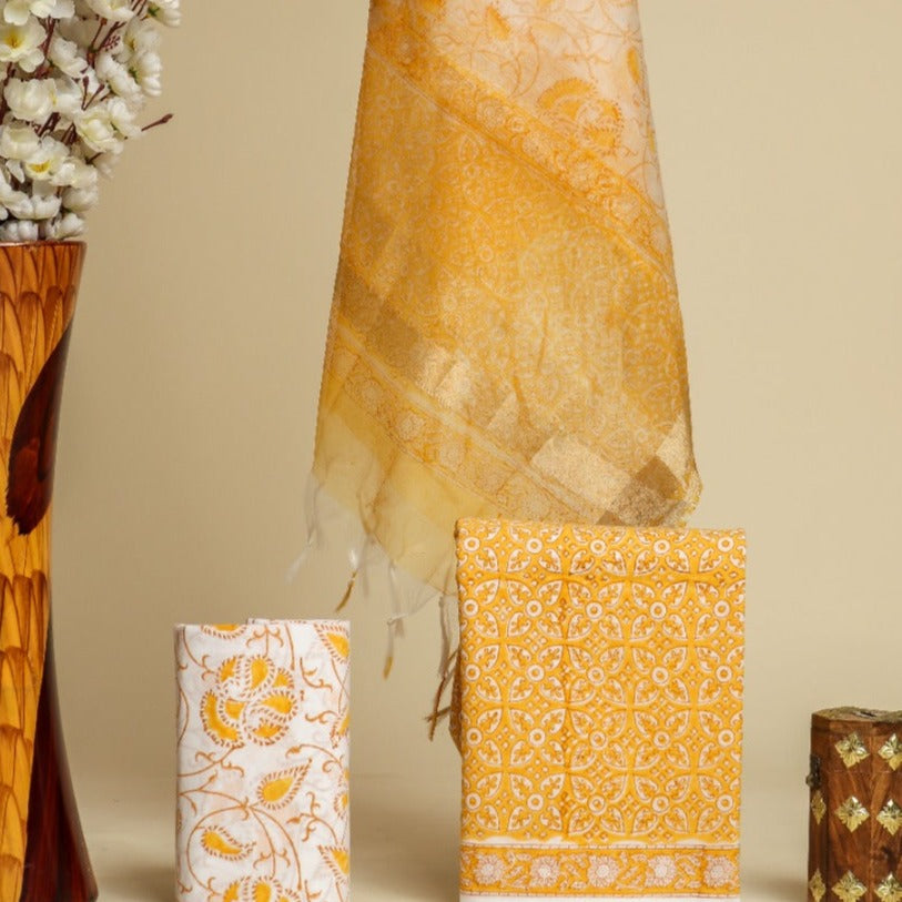 Shop hand block print cotton suit sets with organza dupatta (ORG193)