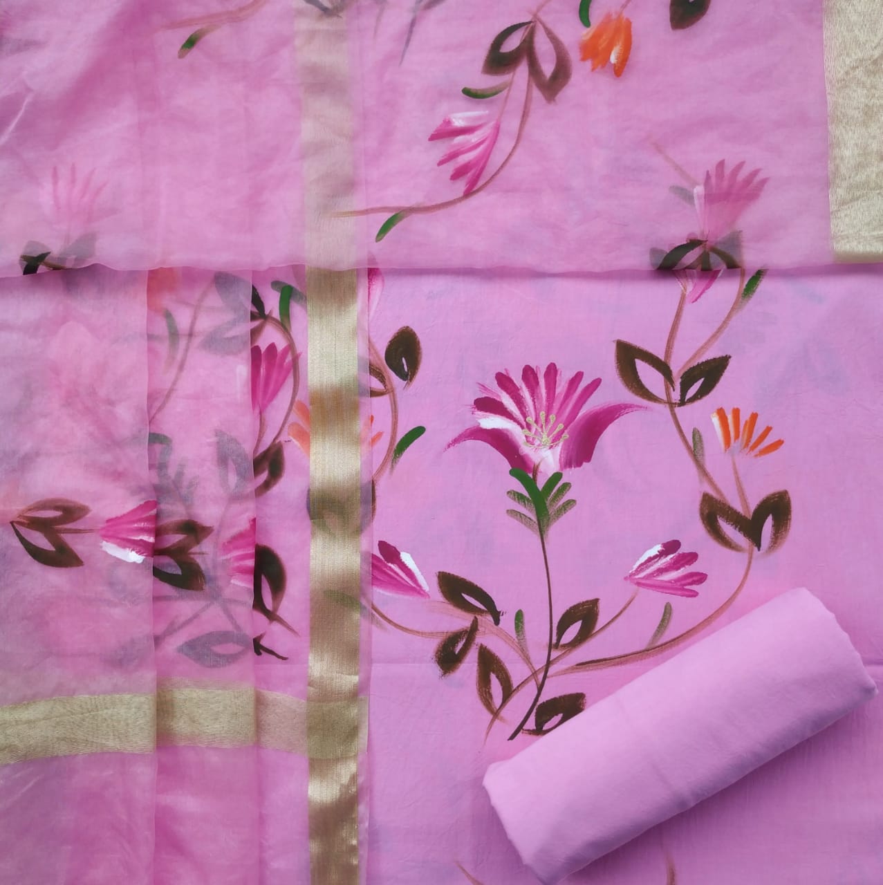 Shop hand painted cotton suit sets with organza dupatta (ORG203)