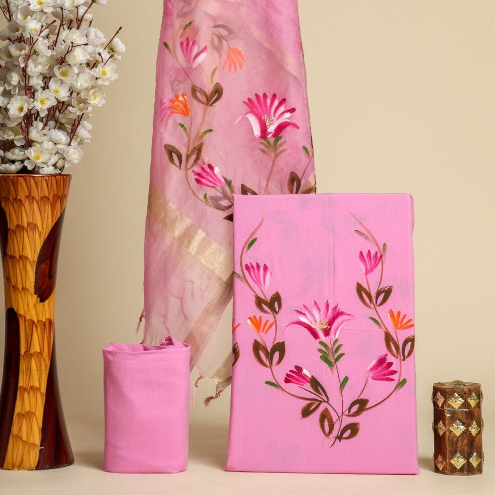 Shop hand painted cotton suit sets with organza dupatta (ORG203)