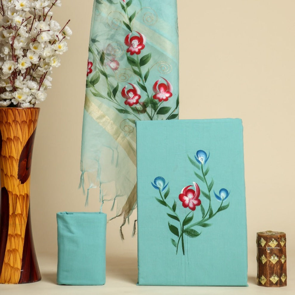 Shop unstitched cotton suit set with organza dupatta online (ORG207)