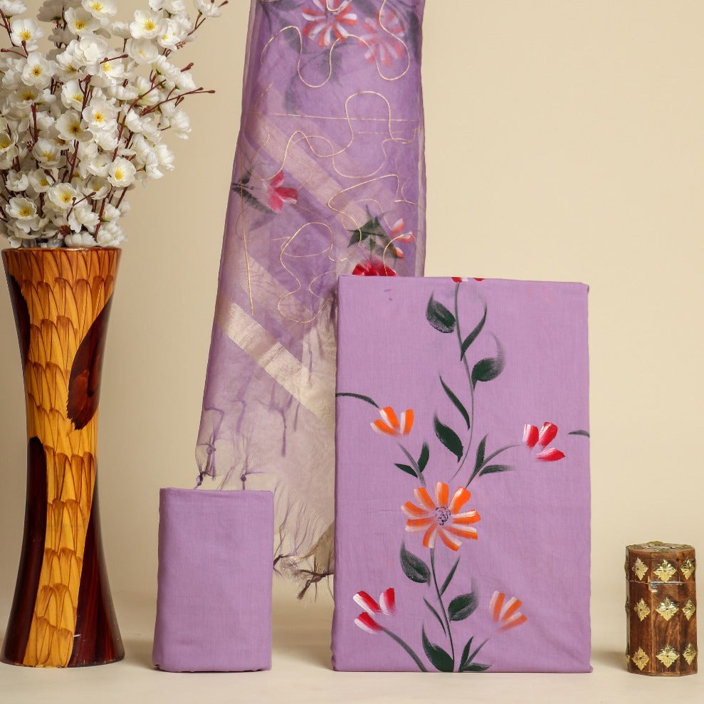 Shop hand painted cotton suit sets with organza dupatta online (ORG214)