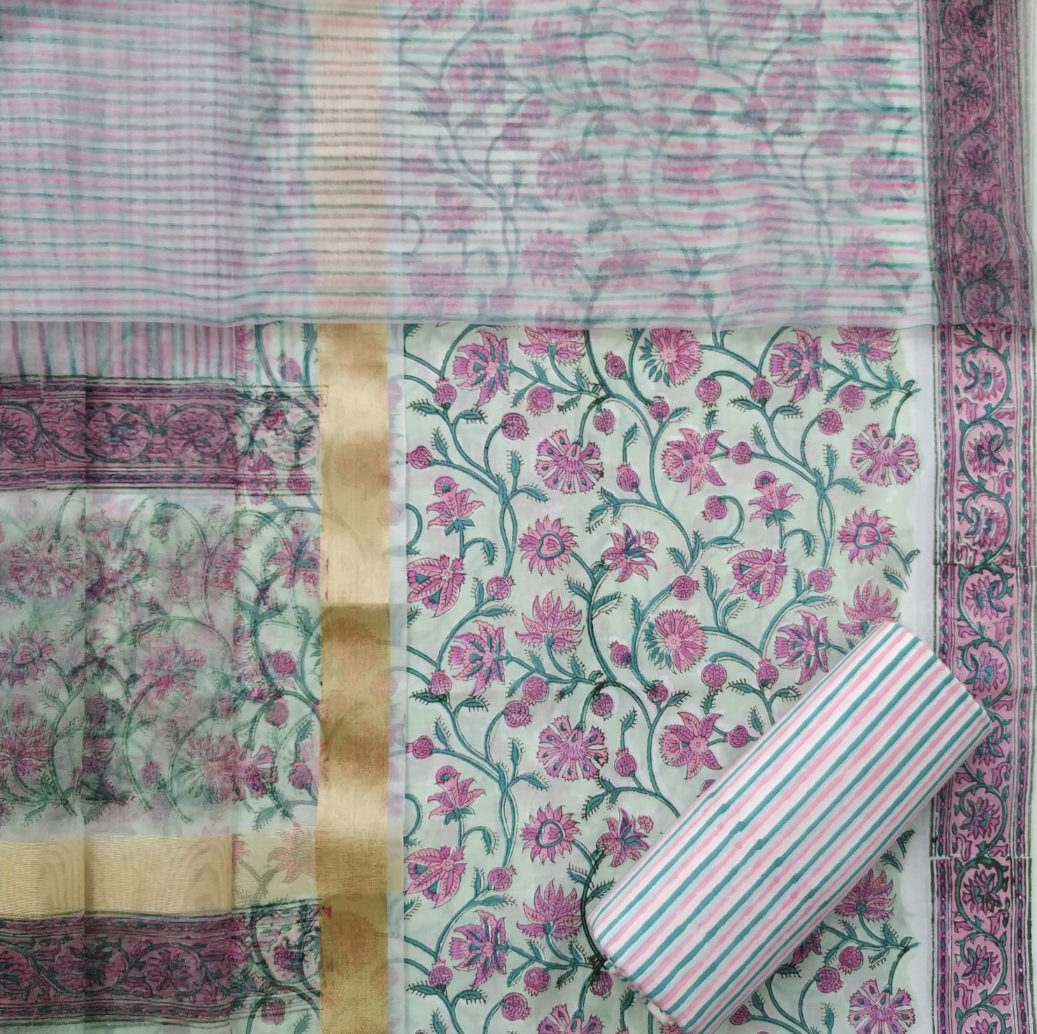 Shop hand block print cotton suit sets with organza dupatta in jaipur (ORG222)