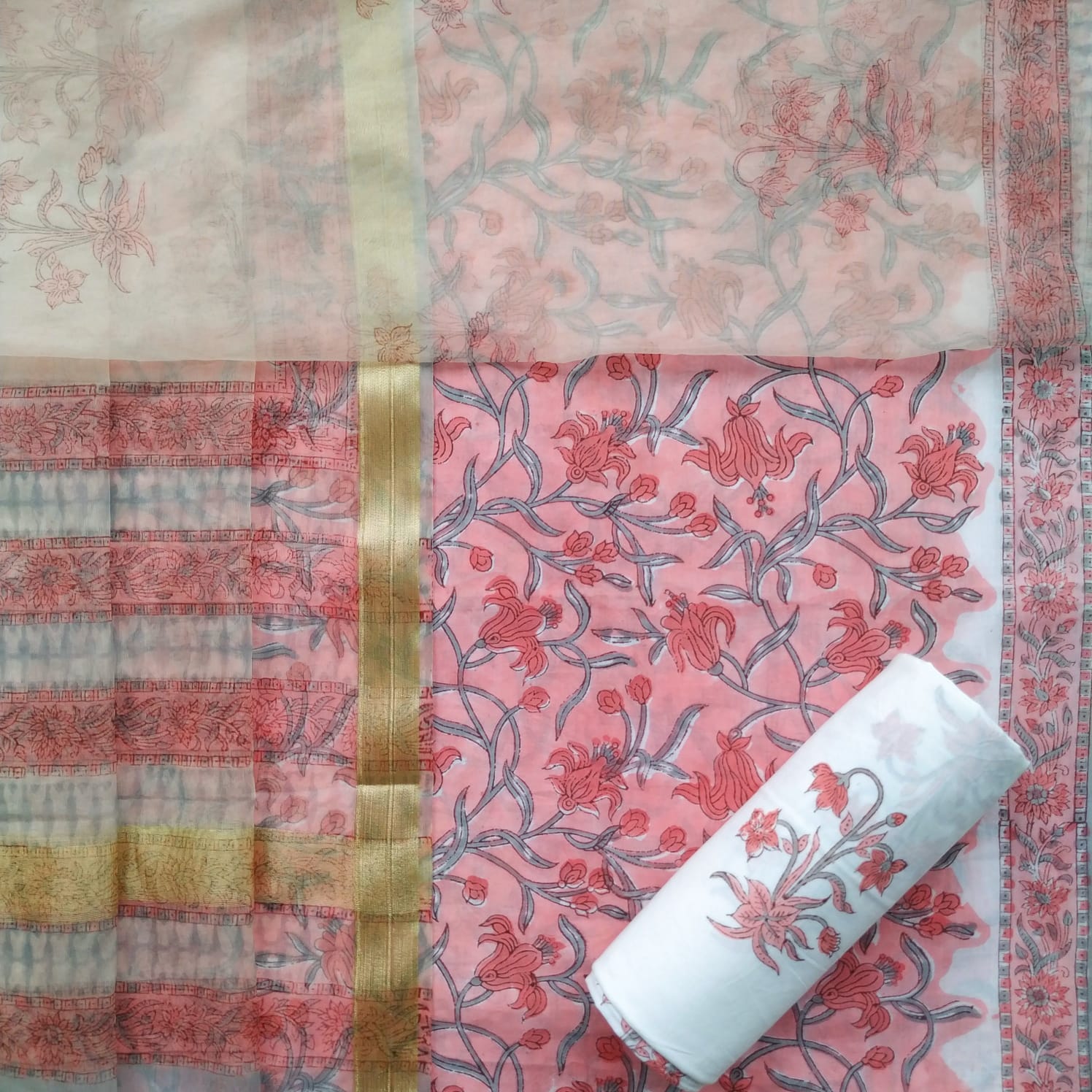 Shop hand block prinrt cotton suit sets with organza dupatta (ORG225)