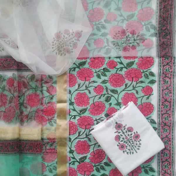 Shop cotton suit sets with organza dupatta online shopping