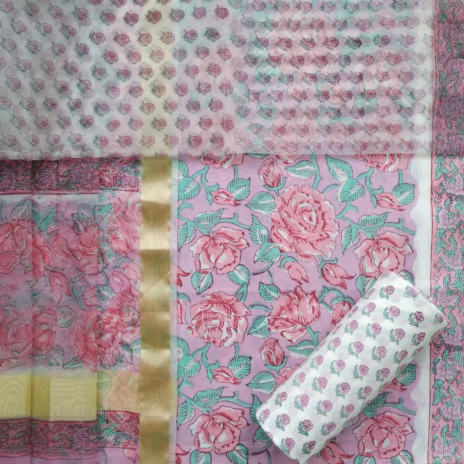 Shop hand block print cotton suit sets with organza dupatta online (ORG245)