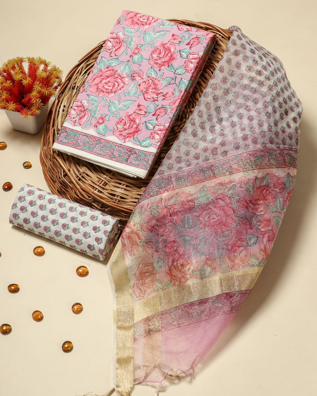 Shop hand block print cotton suit sets with organza dupatta online (ORG245)