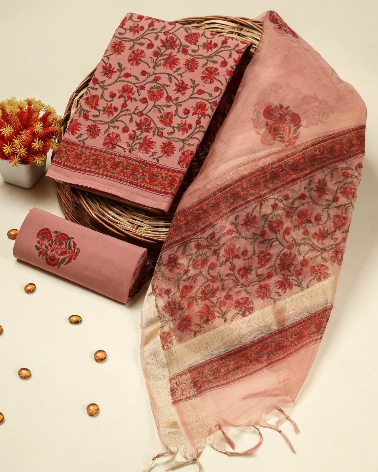 Shop unstitched block print cotton suits with organza dupatta (ORG253)