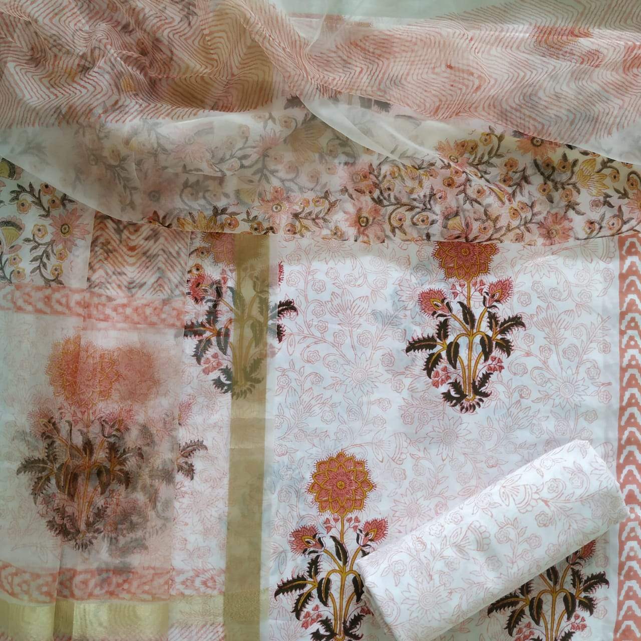 Exclusive Hand Block Print Cotton Suit with Organza Dupatta (ORG29) - ShalviFashion