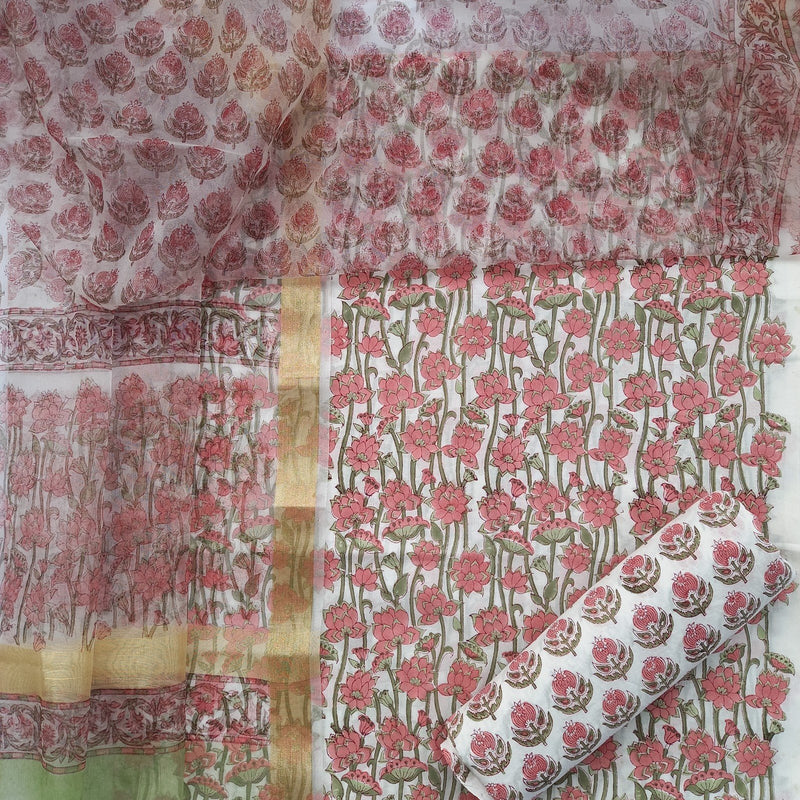 Exclusive Hand Block Print Cotton Suit with Organza Dupatta (ORG31) - ShalviFashion