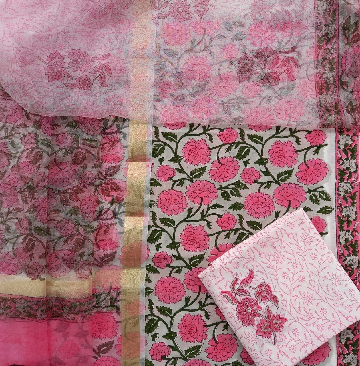 Shop Unstitched Hand Block Print Cotton Suits with Organza Dupatta (ORG33)