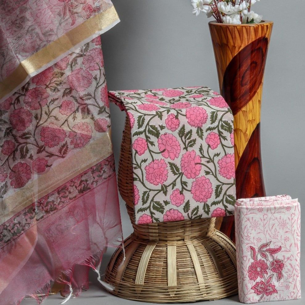 Shop Unstitched Hand Block Print Cotton Suits with Organza Dupatta (ORG33)