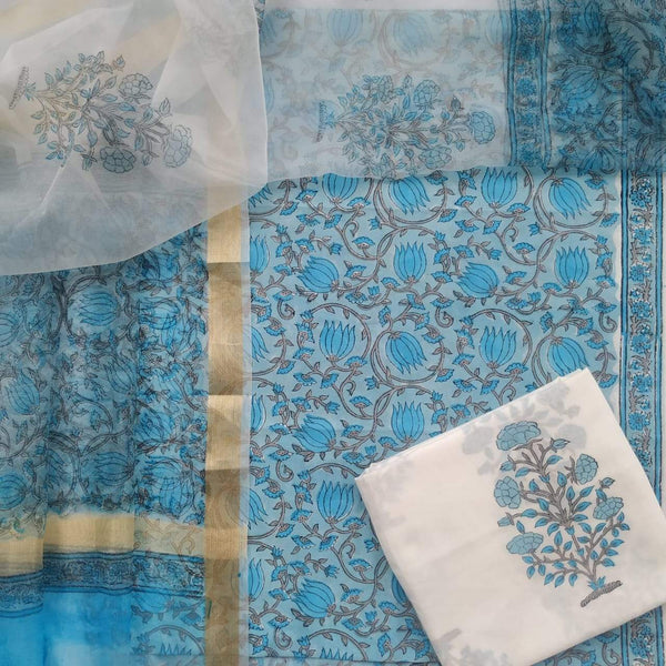 Shop Unstitched Hand Block Print Cotton Suit Material online with Organza Dupatta (ORG36)