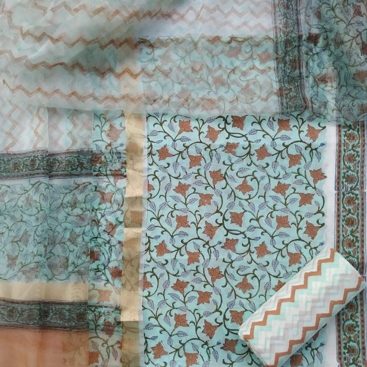 Shop Unstitched Hand Block Print Cotton Suits with Organza Dupatta (ORG40)