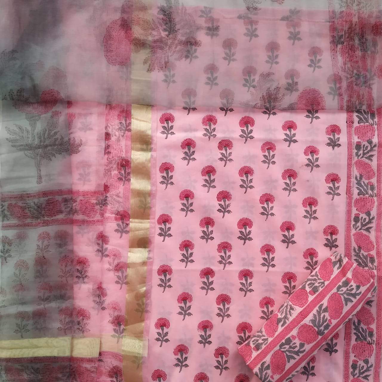 Shop Unstitched Pure Cotton Suits with Organza Dupatta (ORG51)