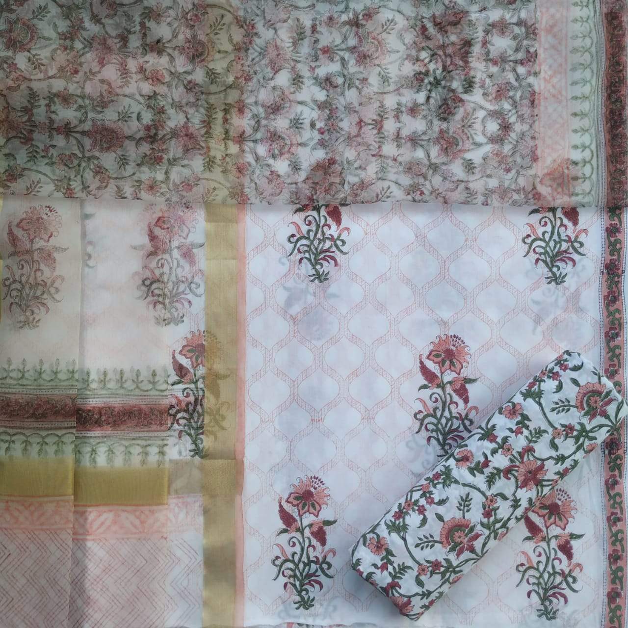 Shop Unstitched Pure Cotton Suit Material with Organza Dupatta (ORG62)