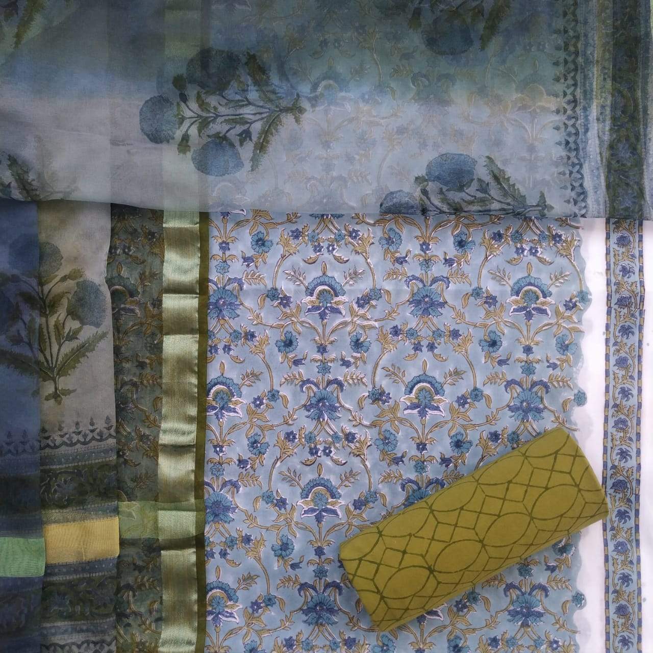 Shop Unstitched Hand Block Print Pure Cotton Suits with Organza Dupatta (ORG68)