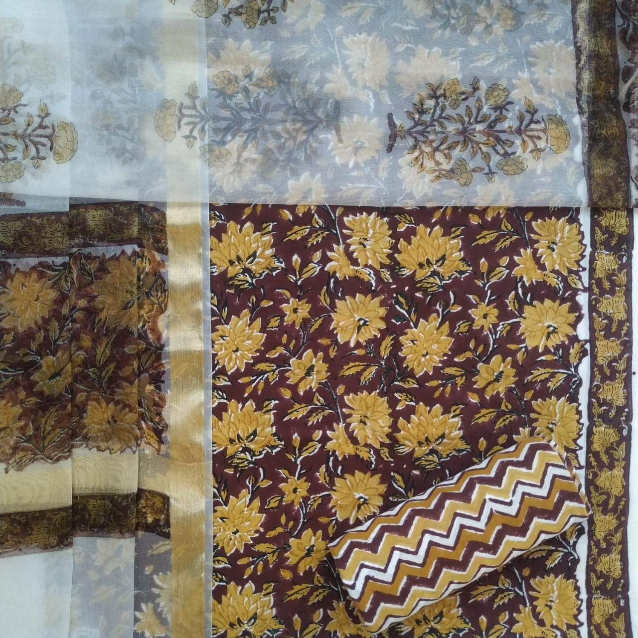 Shop Unstitched Hand Block Print Pure Cotton Suits with Organza Dupatta (ORG72)