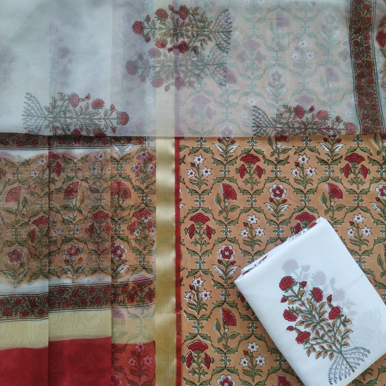 Shop Unstitched Hand Block Print Pure Cotton Suit with Organza Dupatta (ORG79)