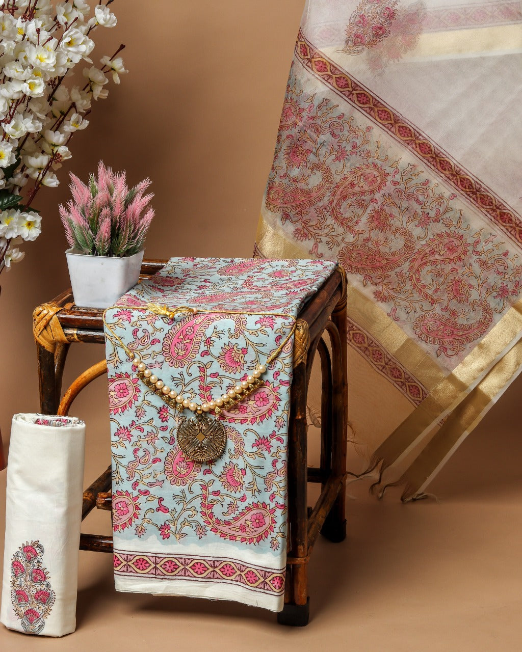 Shop Unstitched Floral Hand Block Print Pure Cotton Suits with Organza Dupatta (ORG86)