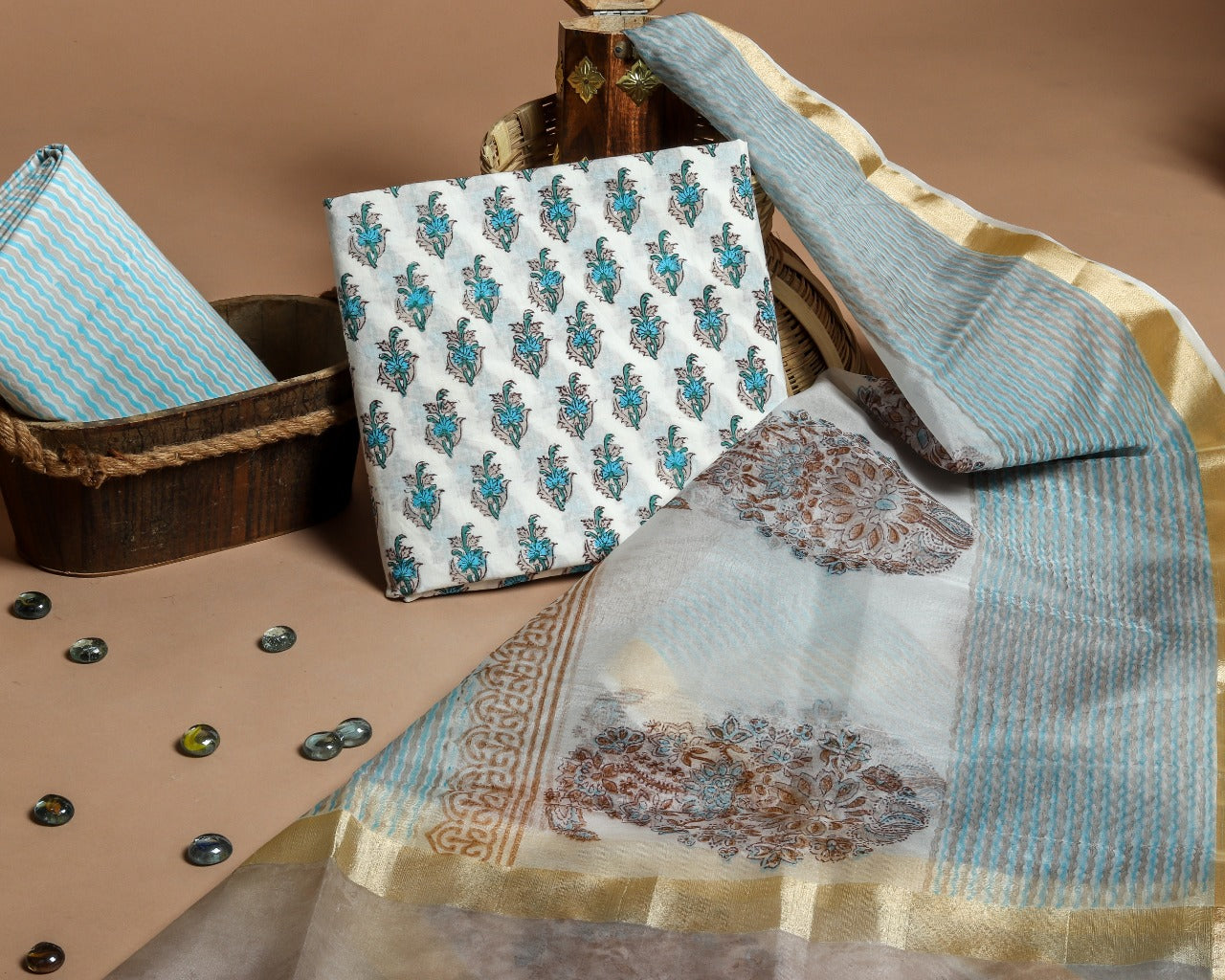 Shop Unstitched Hand Block Print Pure Cotton Suits with Organza Dupatta (ORG94)