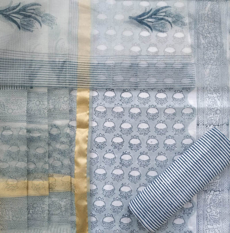 Shop Unstitched Hand Block Print Pure Cotton Suits with Organza Dupatta (ORG99)