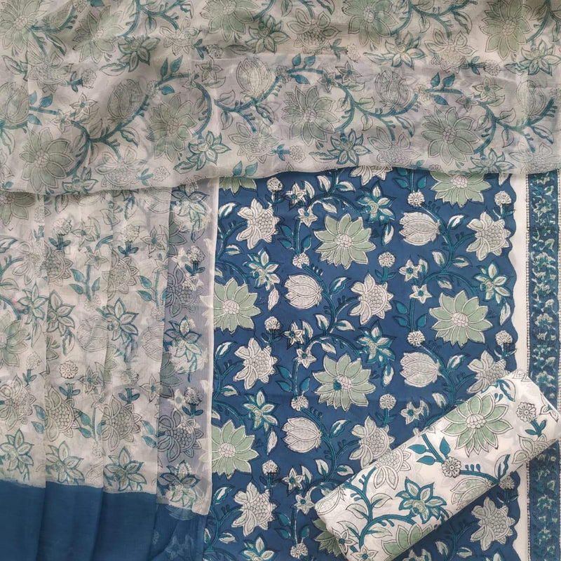 Shop Unstitched Hand Block Print Pure Cotton Suits with Chiffon Dupatta (PCHF102)