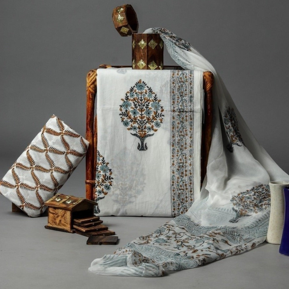 Elegant Hand Block Print Pure Cotton Suit with Chiffon Dupatta (PCHF110)