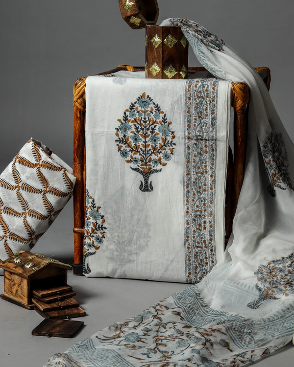 Elegant Hand Block Print Pure Cotton Suit with Chiffon Dupatta (PCHF110)