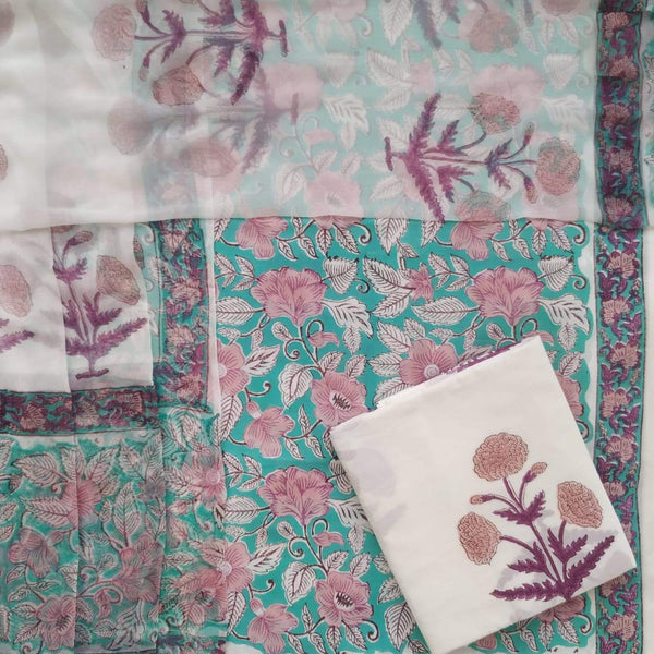 Designer Hand Block Floral Print Cotton Suit with Chiffon Dupatta (PCHF123)